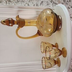 Bohemian Hand Blown Amber Glass Crystal Decanter With Stopper And 3 glasses